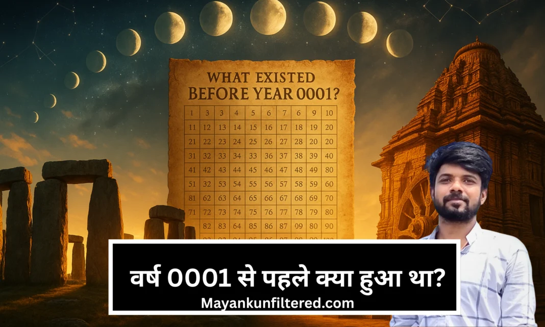 Ancient calendars before year 0001 – split illustration of Stonehenge with sunrise and Konark Sun Temple with solar wheels, moon phases and star constellations in the sky.