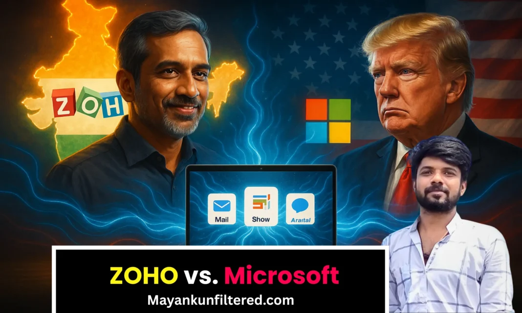 Shridhar Vembu and Donald Trump face-off symbolizing Zoho vs Microsoft 2025, India’s tech pride rising.