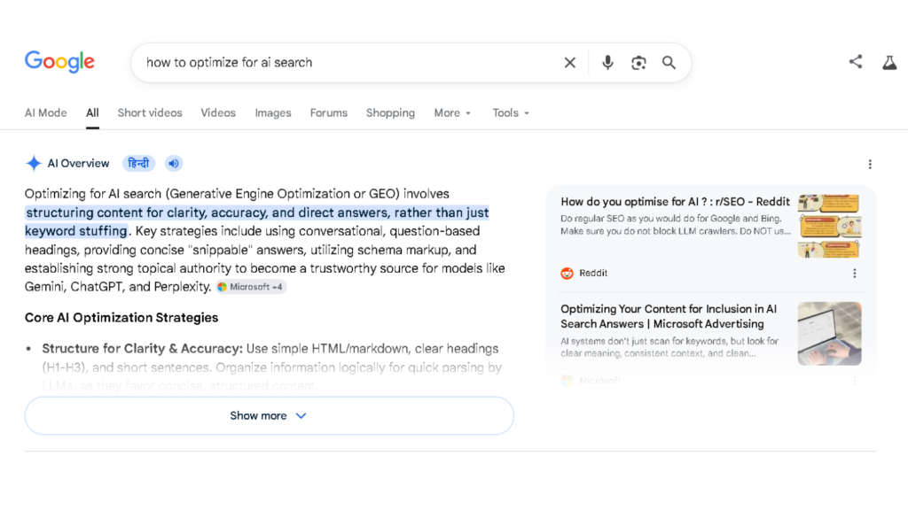 Screenshot of a Google AI Overview showing an AI-generated answer for how to optimize for AI search with visible source links