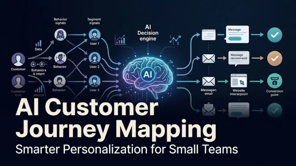 AI customer journey mapping illustration showing AI organizing a messy customer path into a clear personalized marketing journey for small teams