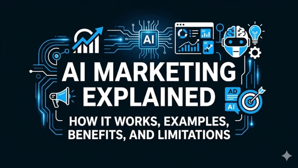 Minimalist modern graphic showing "AI Marketing Explained" with electric blue circuitry, growth charts, and digital analytics icons on a dark background.