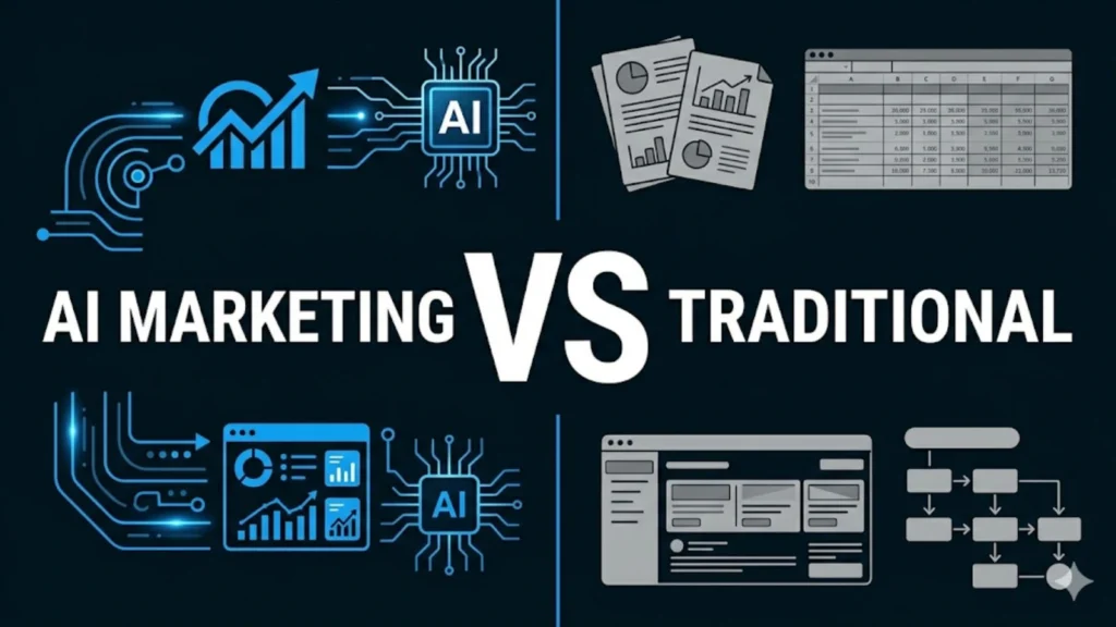 A split-screen minimalist graphic comparing AI Marketing and Traditional Marketing. The left side features electric blue AI circuitry and automated dashboards; the right side shows muted gray spreadsheets and manual reports. Bold white text in the center reads "AI MARKETING VS TRADITIONAL."