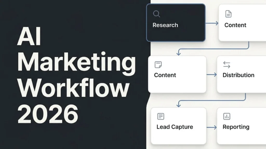 Illustration of an AI marketing workflow for small businesses showing research, content, distribution, leads, and reporting in one connected system.