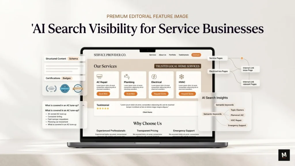AI search visibility concept showing a service business website becoming trusted by search systems