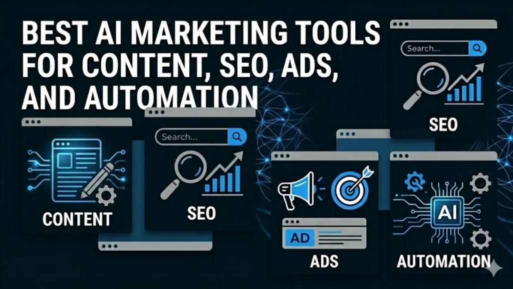 A premium minimalist blog featured image titled "Best AI Marketing Tools for Content, SEO, Ads, and Automation." The dark background features floating digital UI windows for each category with electric blue icons: a pencil for Content, a magnifying glass for SEO, a megaphone for Ads, and an AI chip for Automation.