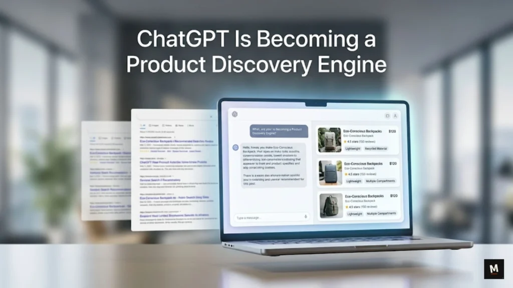 Illustration of an AI-powered product discovery interface showing how ChatGPT is changing online shopping and product comparison.