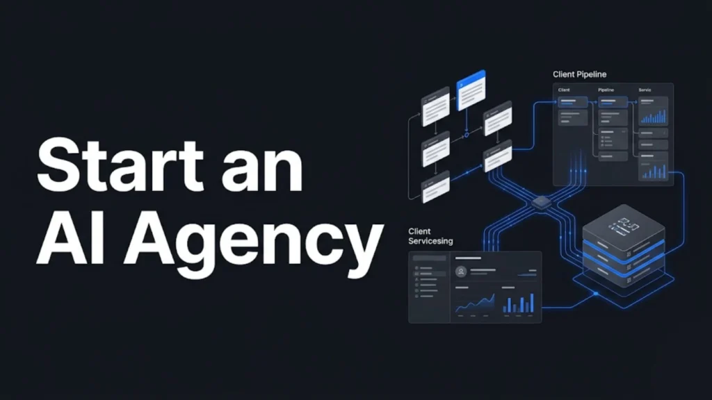 Minimalist editorial graphic showing an AI agency growth system with workflow blocks, client pipelines, and bold text overlay reading "Start an AI Agency."