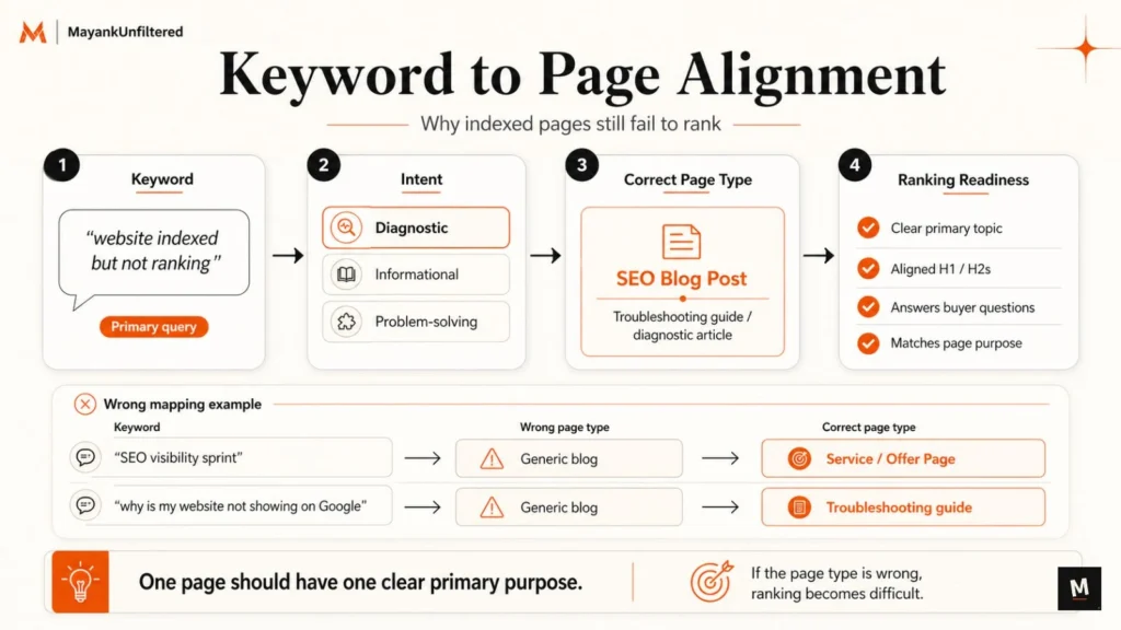 Keyword to page alignment framework for indexed pages not ranking, showing how keyword, intent, correct page type, and ranking readiness connect