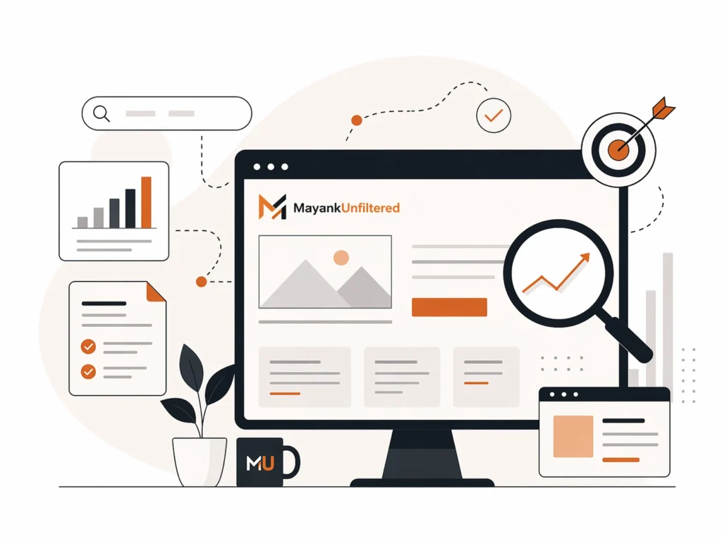 Minimal vector illustration for MayankUnfiltered homepage showing a premium service business website interface with SEO visibility, growth charts, search elements, and structured content blocks.