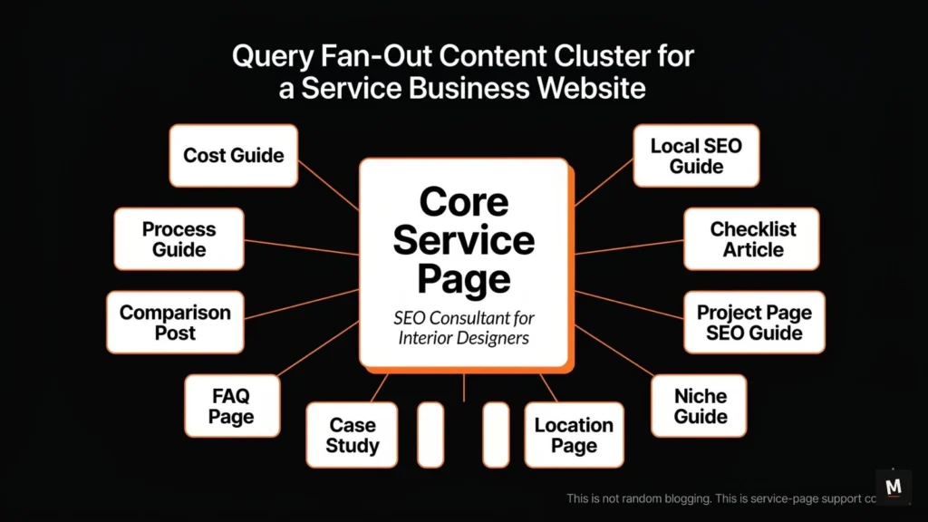 Query fan-out content cluster diagram showing a core service page connected to cost guide, process guide, comparison post, FAQ page, case study, location page, and niche guide