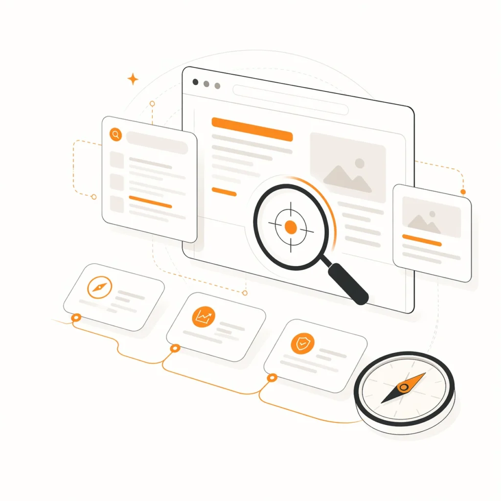 Minimal editorial vector-style hero visual showing layered website panels, search visibility elements, and structured SEO direction for premium service businesses.