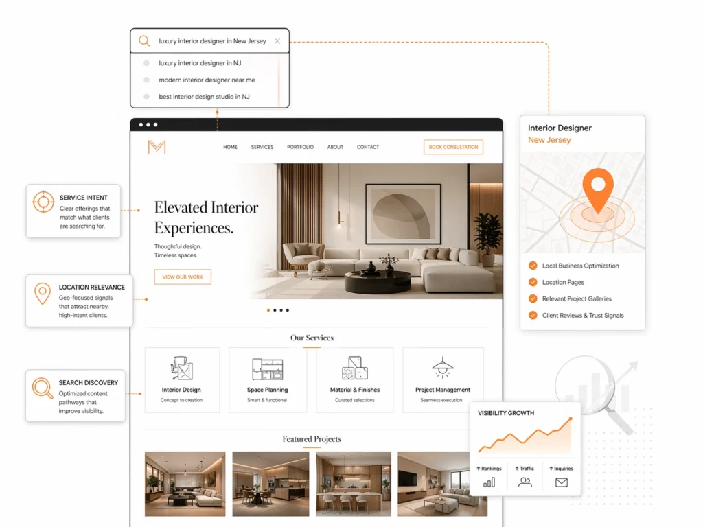 Minimal editorial vector illustration of a premium interior design website with service intent, location relevance, and search visibility elements.