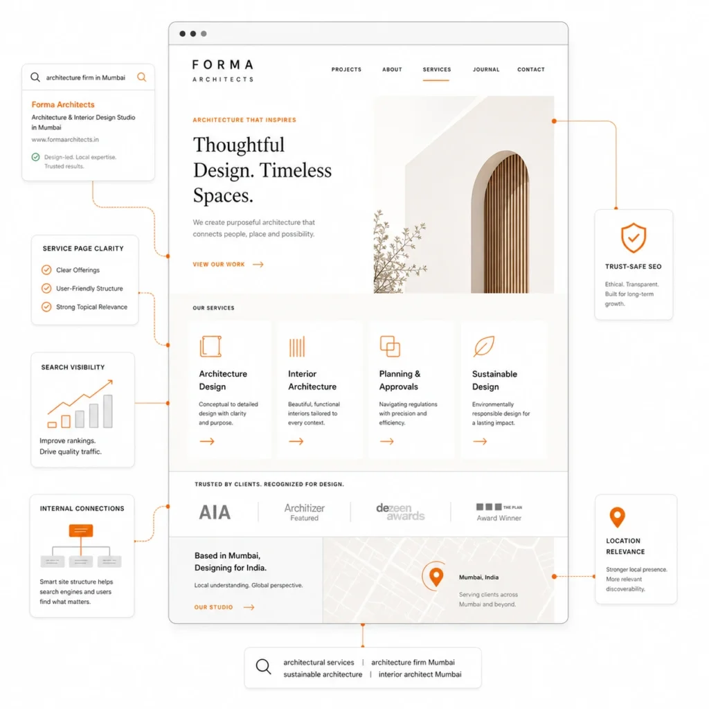 SEO for architects visual showing an architecture firm website with service-page clarity, search visibility, and location relevance