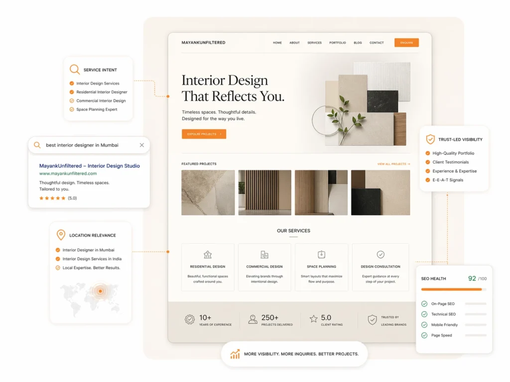 Premium interior design website mockup with service intent, location relevance, trust-led visibility, and SEO support elements for interior designers.