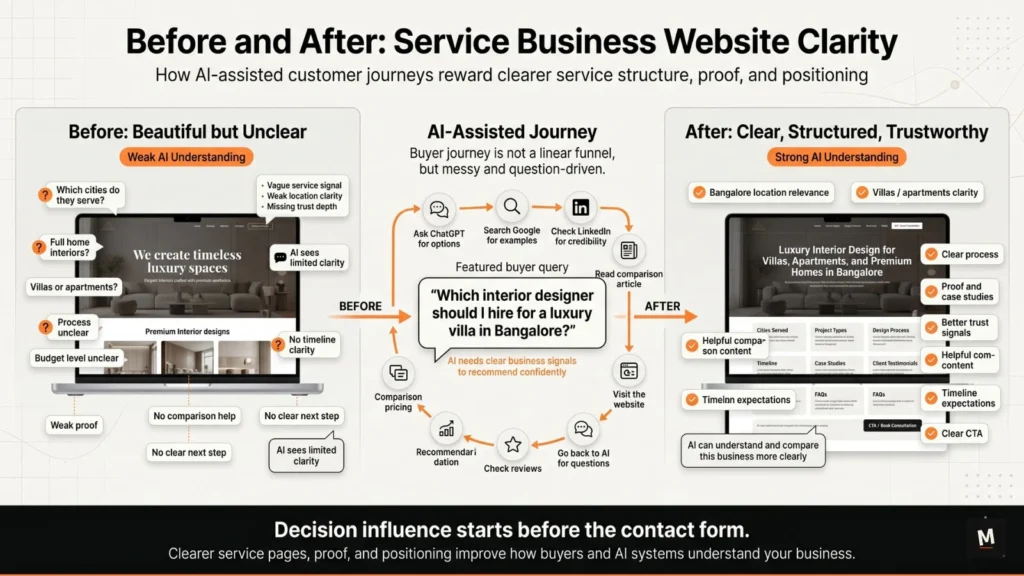 Before and after example of service business website clarity for AI-assisted customer journeys