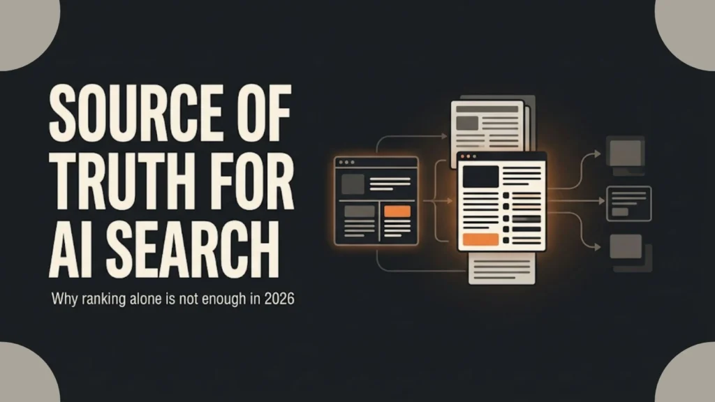 Featured image for source of truth for AI search article showing website authority and AI search visibility
