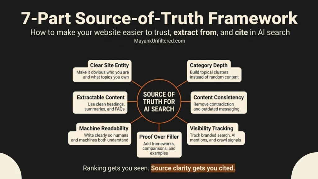 7-part source-of-truth framework for AI search showing how websites become easier to trust, extract from, and cite
