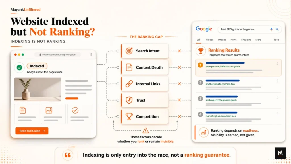 Website indexed but not ranking SEO diagnosis showing the gap between indexing and ranking readiness