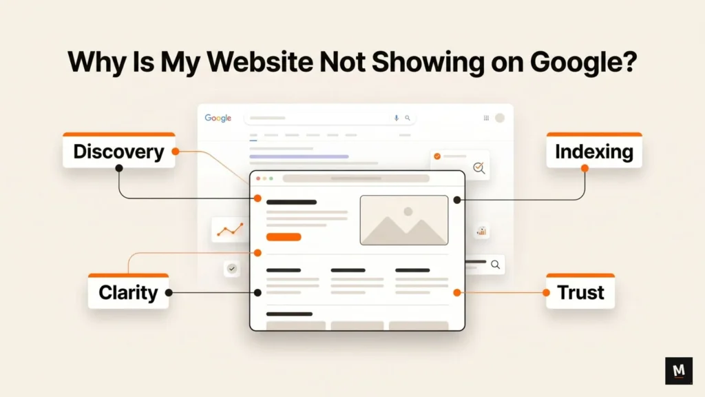 Website visibility diagnosis showing discovery indexing clarity and trust issues for a website not showing on Google